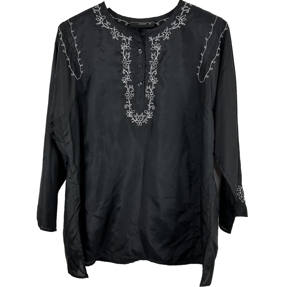 Venezia Black Tunic Top Embroidered Silk Blend Womens Size 14/16 Boho Popover‎